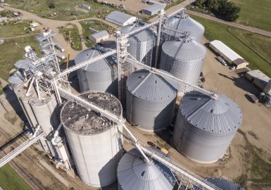 Aerial view of grain elevators and industrial area in South Dakota.